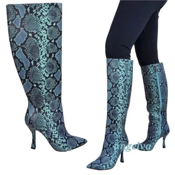 Gianni Bini Lennoxe Snake Print Leather Stilleto Heel Boots Teal Black 6.5 - Picture 2 of 12
